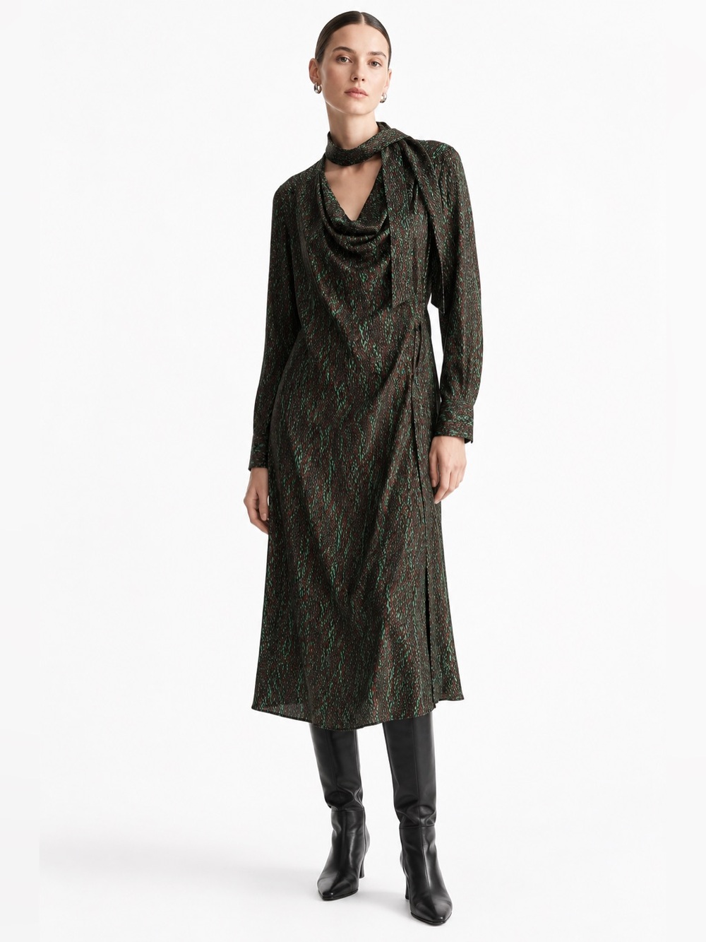 NWT COS Scarf Detail Printed Midi Dress Cowl Neck Green Red US 10